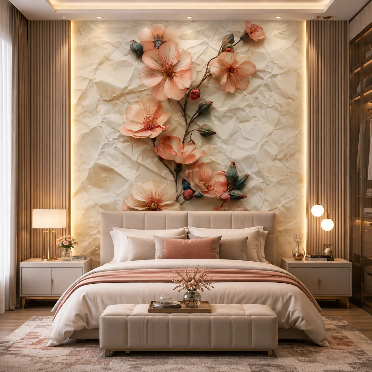 Peach Blossom Textured Floral Wallpaper