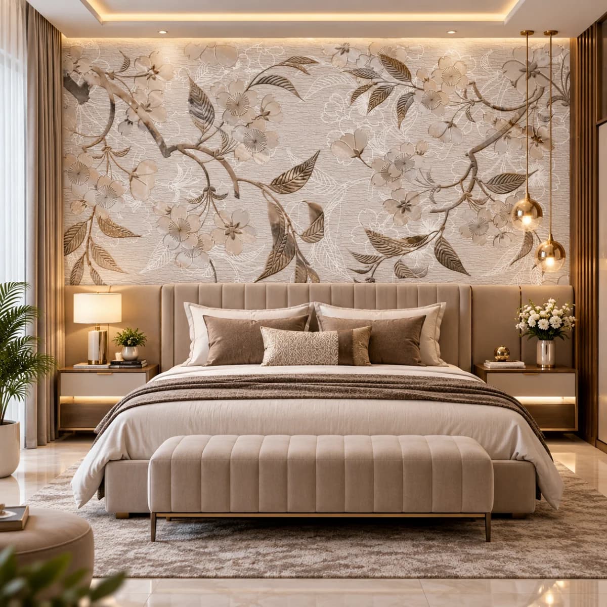 Elegant Blossom Branch – Luxury Beige Floral UV Printed Custom Wallpaper