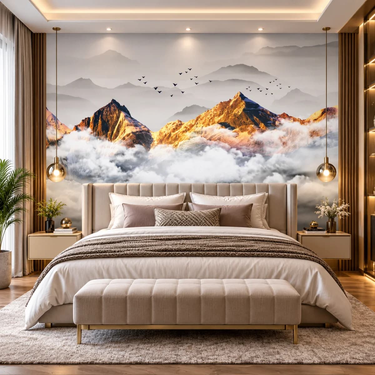 Golden Mountain Mist UV Printed Custom Wallpaper