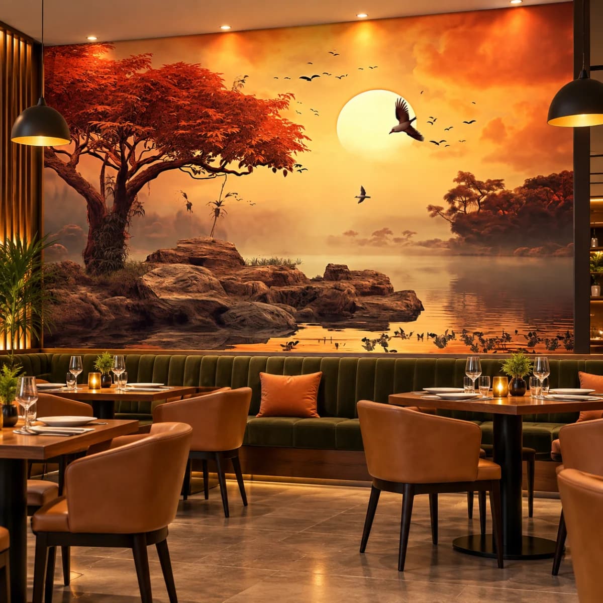 Golden Sunset Lake Nature UV Printed Custom Wallpaper for Living Room & Home