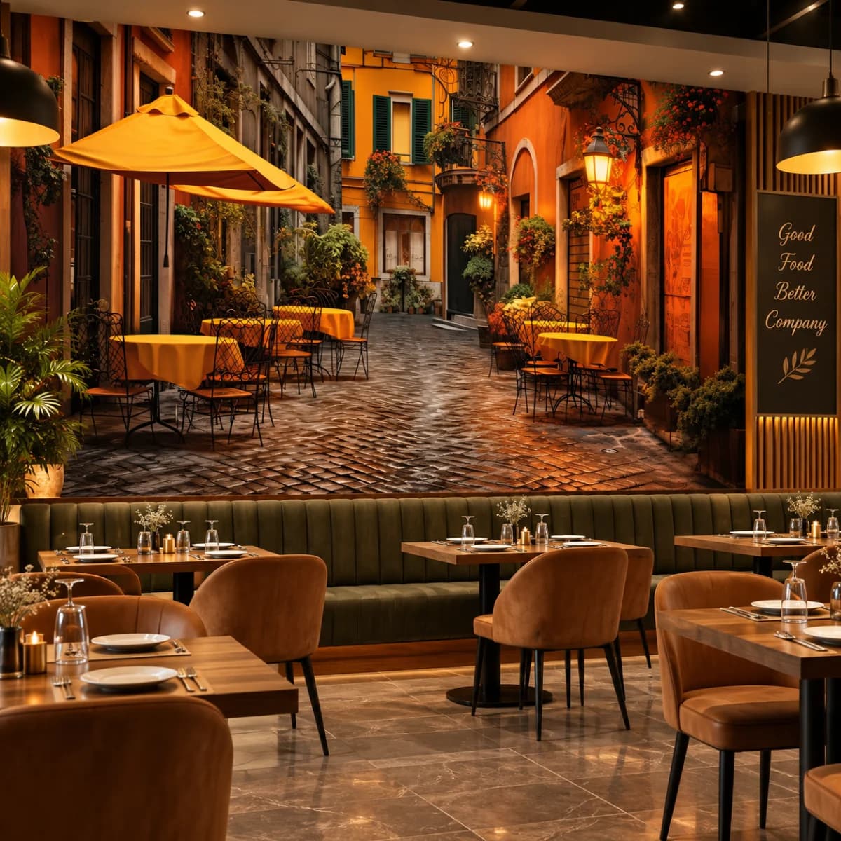 Vintage European Café Alley UV Printed Custom Wallpaper